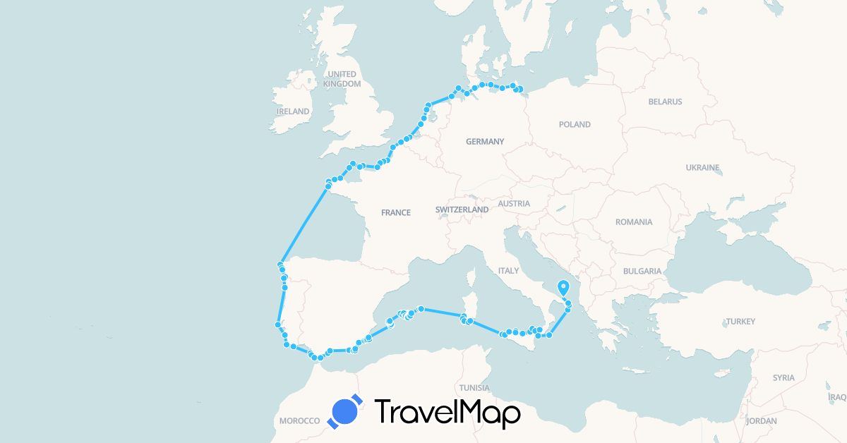 TravelMap itinerary: driving, boat in Belgium, Germany, Spain, France, Guernsey, Gibraltar, Italy, Netherlands, Portugal (Europe)